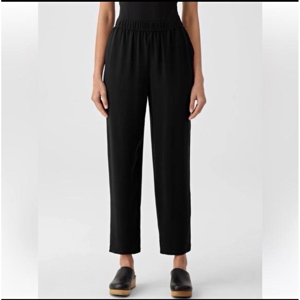 Eileen Fisher Pants Womens M Black 100% Silk Pull On Wide Leg Elastic Waist